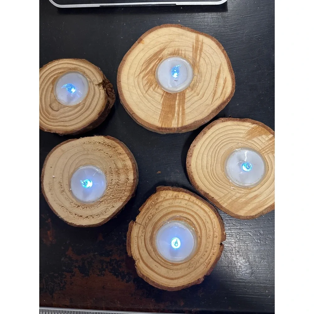 Rustic Wood Slice LED Tealight Holders Set of 5 Natural Log Candle‎ Holders